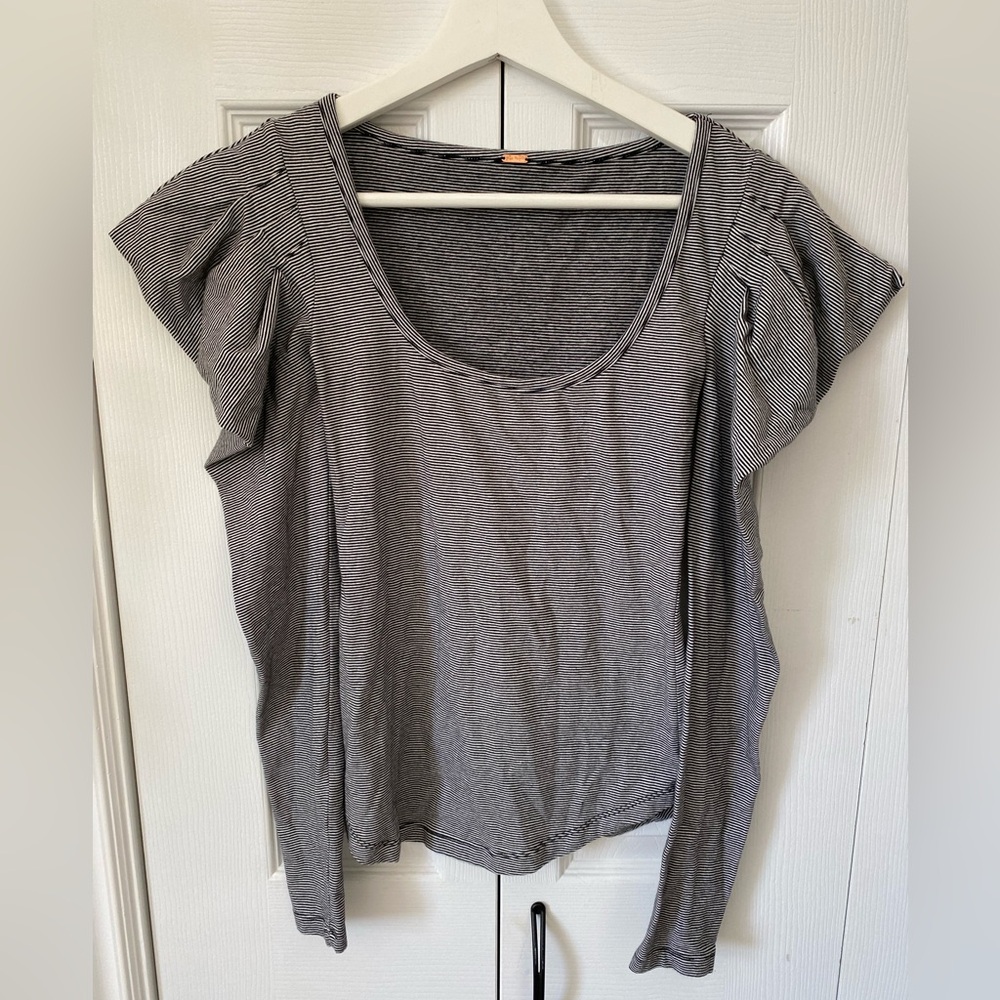 Free People Black and White micro Striped puffed shoulder long  Sleeve Tee shirt